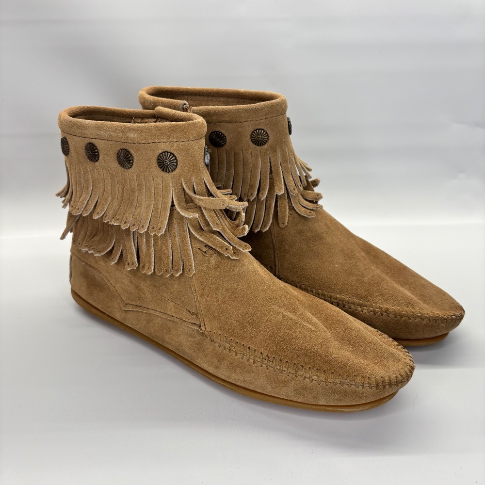 Minnetonka Moccasin Ankle Boots Women 9 Brown Suede Fringe Concho Side‎ Zip